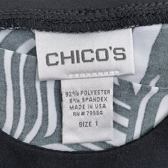 Chicos Top Women 1 Medium 8 Black White Smock Stretch Flare Scoop Tunic USA - Picture 6 of 11